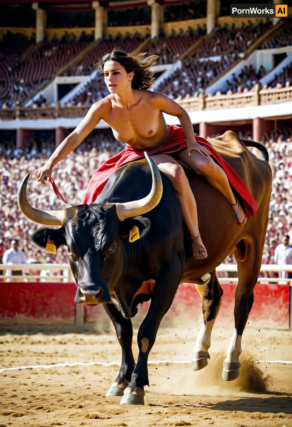 Una chica española montó un toro desnudo durante una corrida de toros,  golpeando sus cuernos y aterrizando en su espalda para ganar las alegrías y  aplausos de la multitud