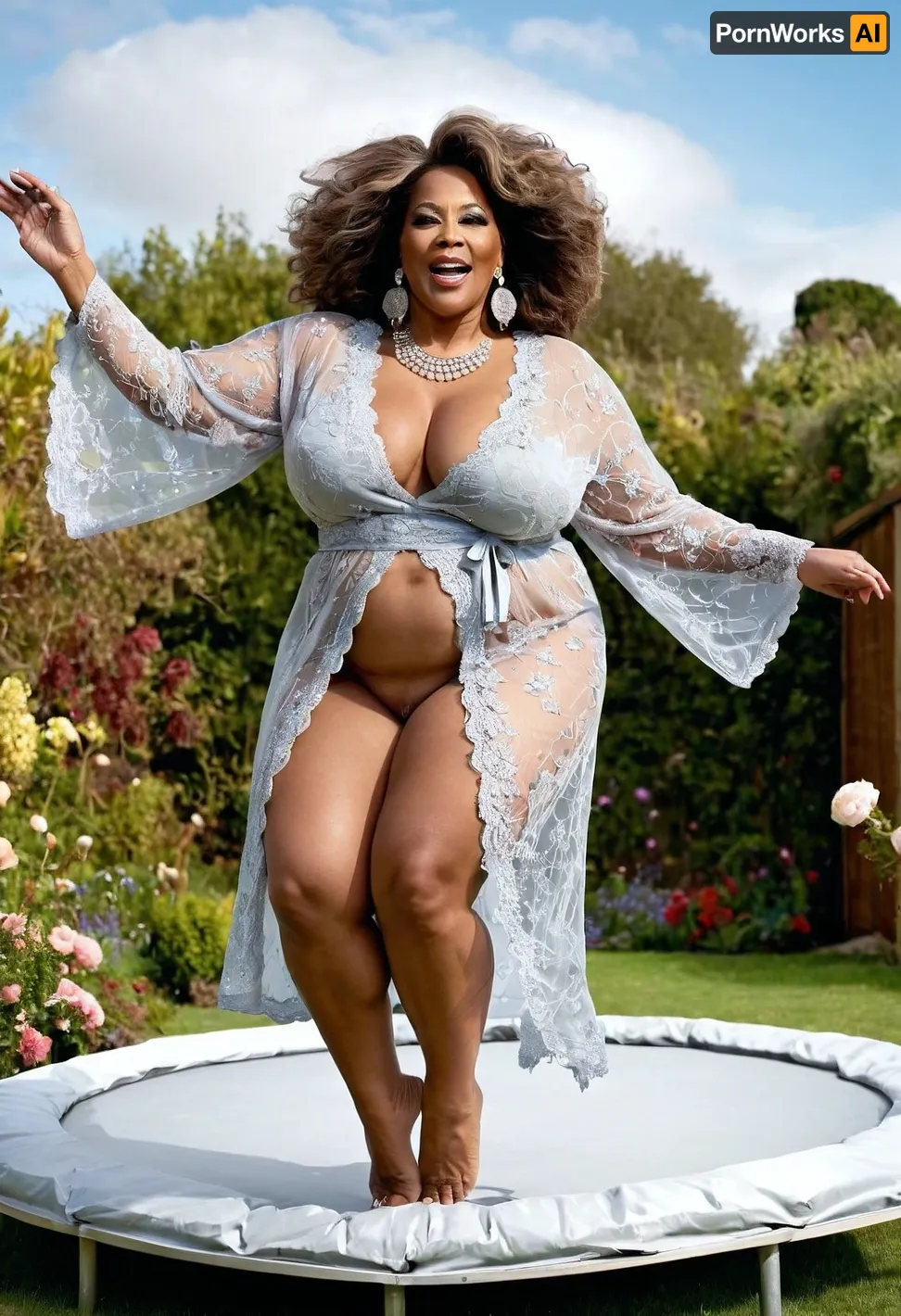 The fat 50-year-old African woman was a diva, with big neckles, big  earrings with diamonds, fluffy large breast, diva makeup, full body view of  women. She had thick thighs and a thick