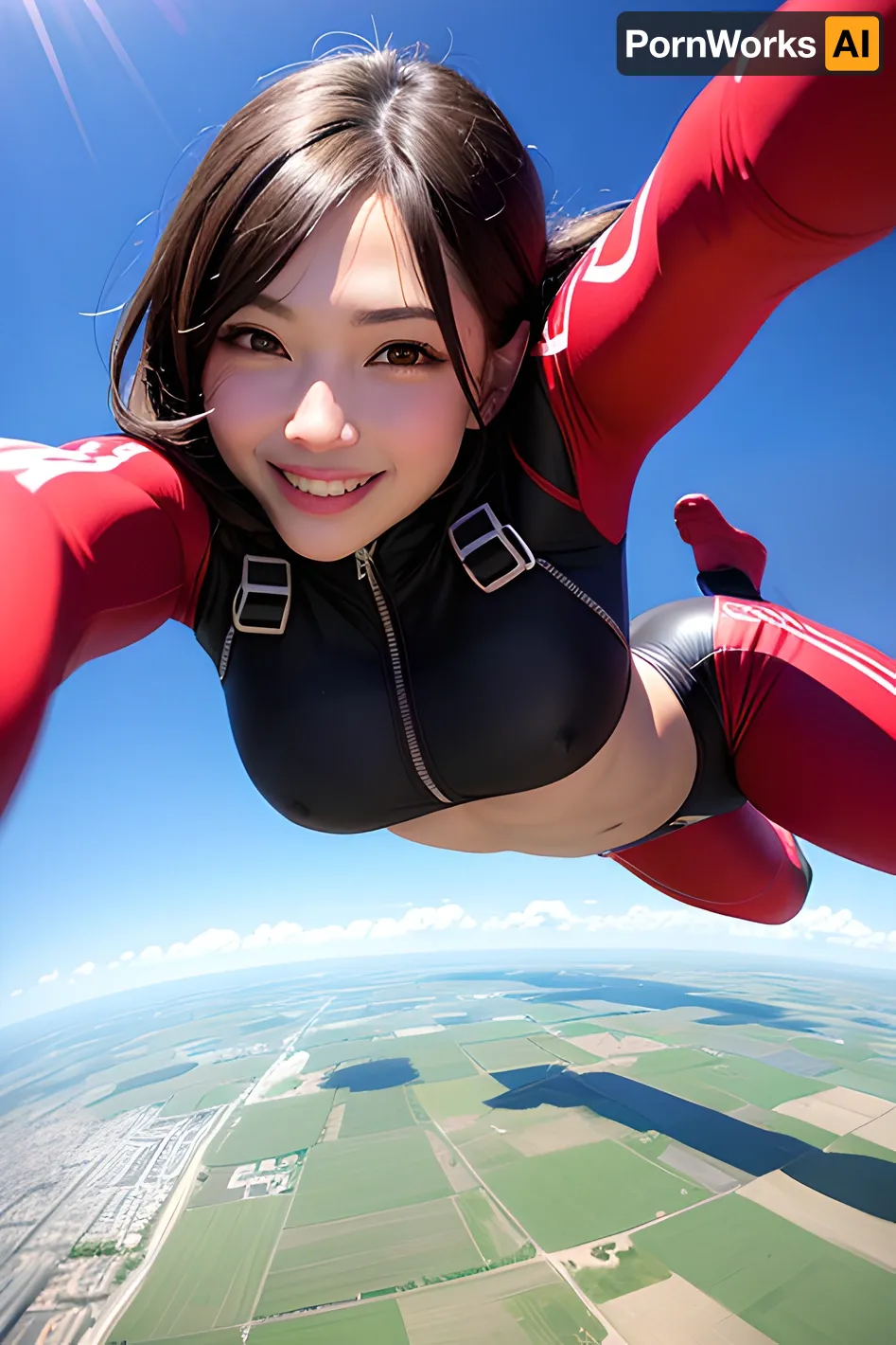 A woman from Samoa, with a slim body and 21 years old, was taking a nude  skydiving picture. She had just finished her jumpsuit and was now in the  process of posing