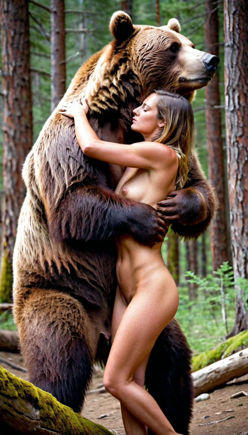 In the forest, a grizzly bear fucks a young adult girl with its massive  dick. The woman looks back at the bear, and they share a passionate moment  before continuing their lovemaking